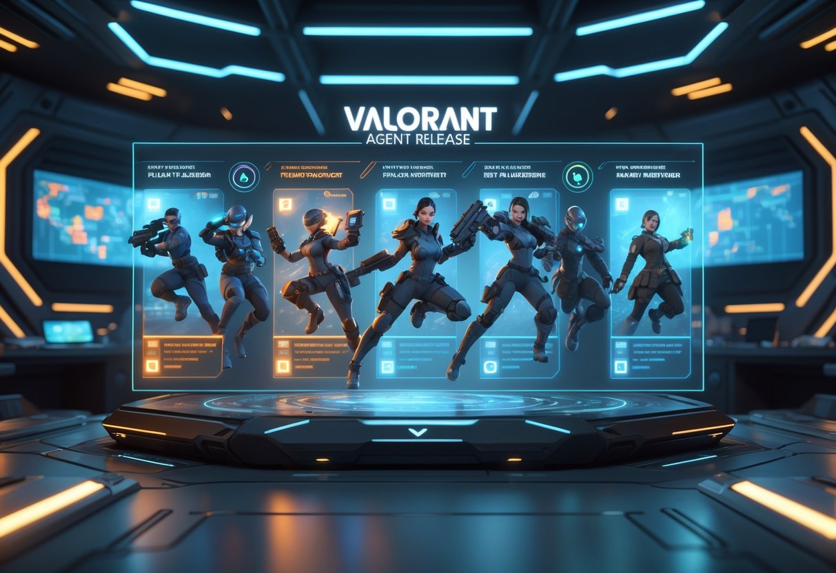 A futuristic command centre with holographic displays showing Valorant agents in action poses and their release timelines.