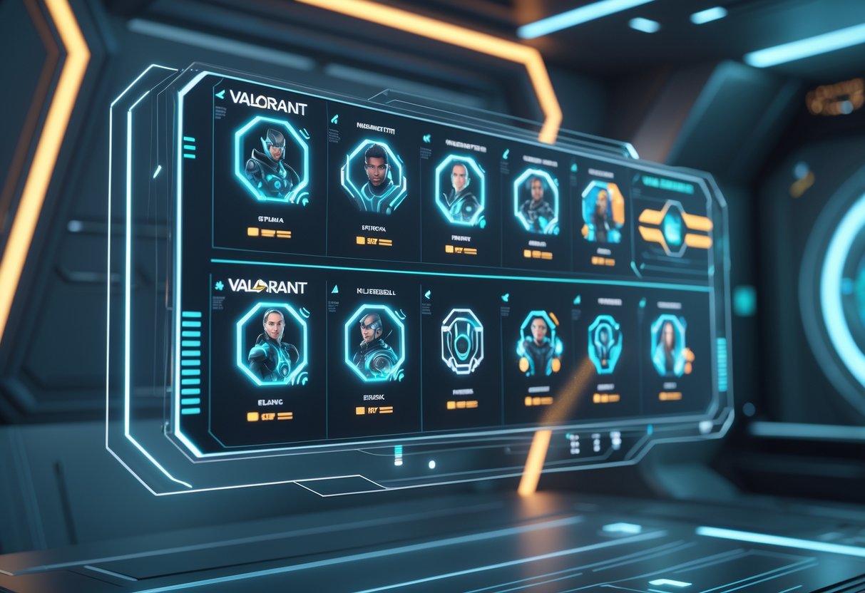 A futuristic digital dashboard showing a timeline of Valorant agents represented by glowing icons in a high-tech control room.