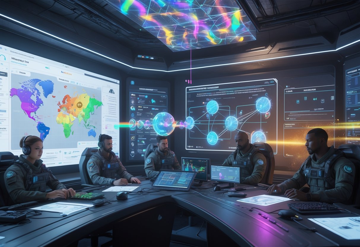 A futuristic command centre where a team is analysing holographic maps and tactical data with colourful light effects around them.