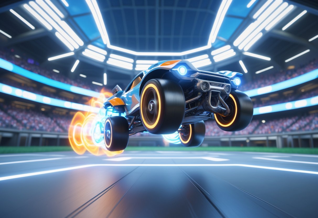 A rocket-powered car performing advanced aerial maneuvers on the ceiling inside a futuristic stadium with neon lights and a large transparent ceiling.