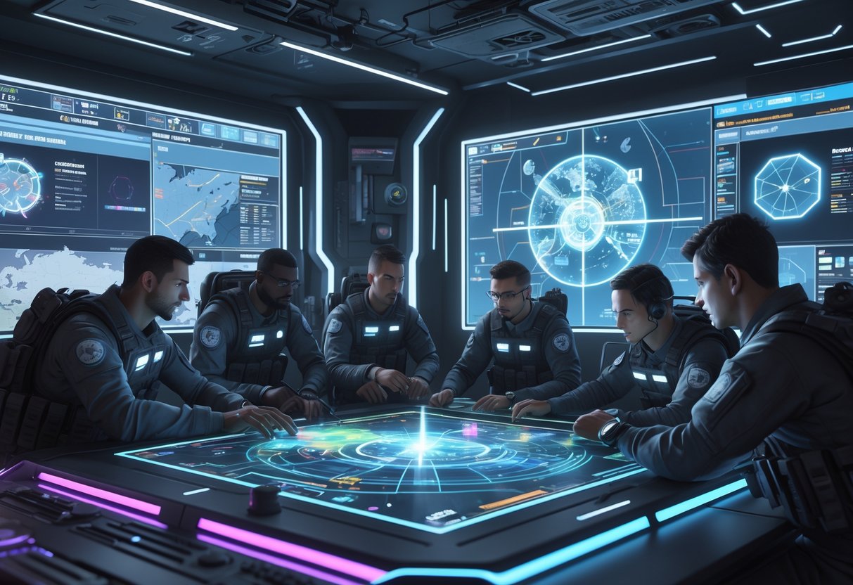 A futuristic command room with operators in combat gear interacting with holographic displays showing maps and mission details.