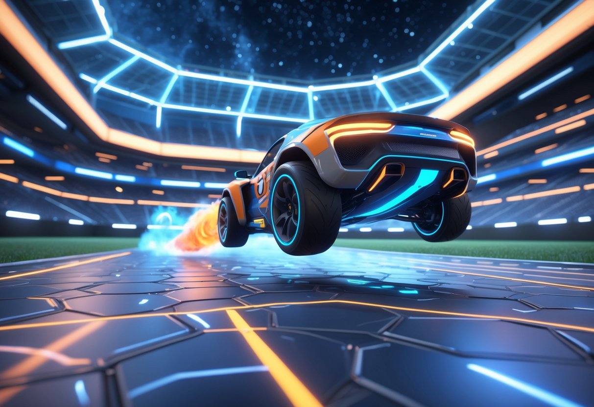 A futuristic Rocket League car performing an aerial boost manoeuvre above a glowing stadium field under a transparent ceiling with a starry sky.