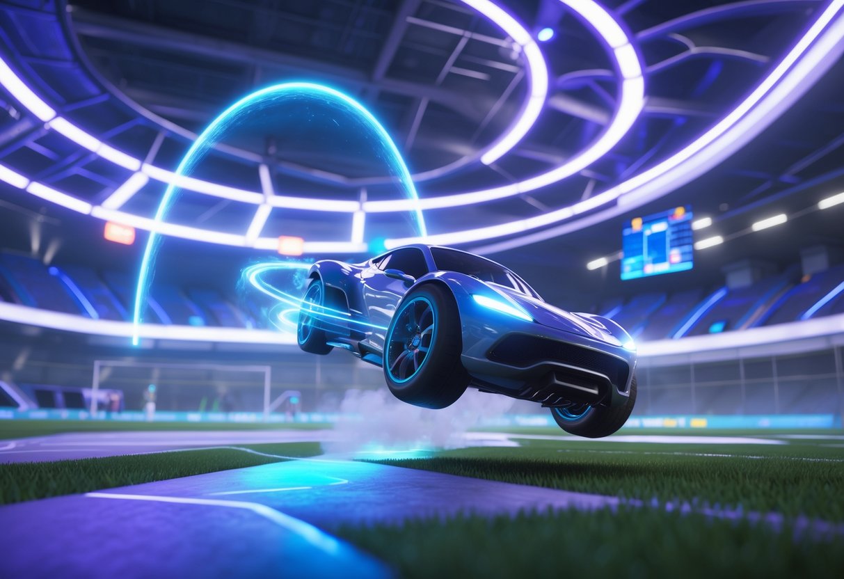 A Rocket League car driving upside down on the ceiling of a stadium, with a glowing ball moving along a predicted path in a brightly lit arena.
