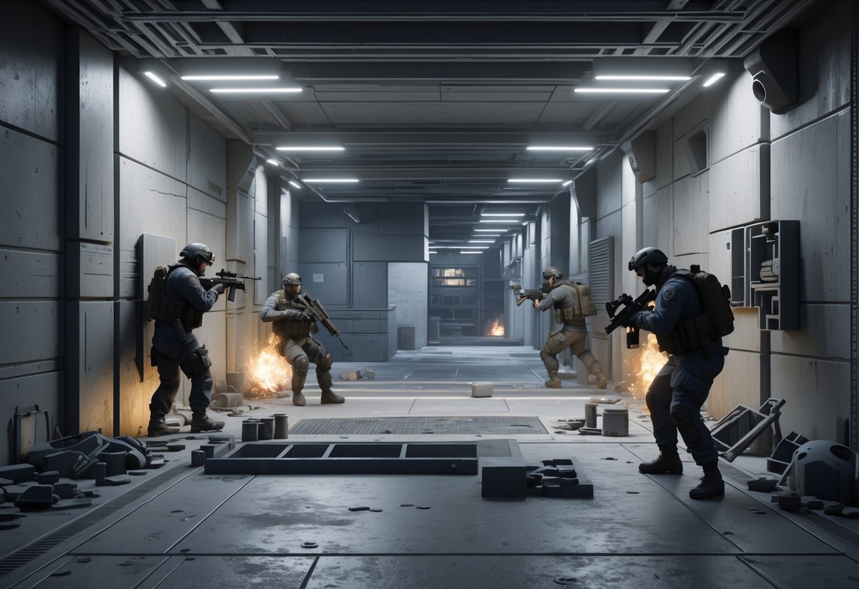 A scene showing tactical operators preparing for battle with one side defending a fortified position and the other side advancing offensively in an urban environment.