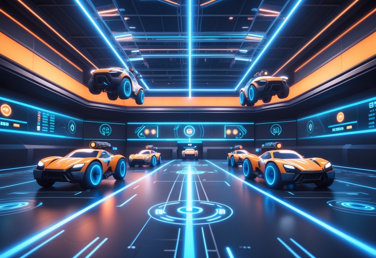 A futuristic indoor Rocket League training arena with cars performing advanced aerial maneuvers on the ceiling under glowing neon lights.