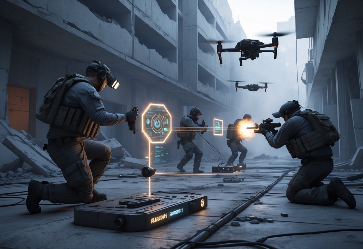 A 3D scene showing tactical operators using and countering gadgets inside a damaged urban building during a strategic confrontation.