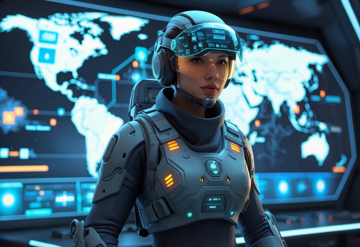 A futuristic soldier wearing advanced tactical gear stands in front of a holographic map showing enemy positions and terrain details in a high-tech command centre.
