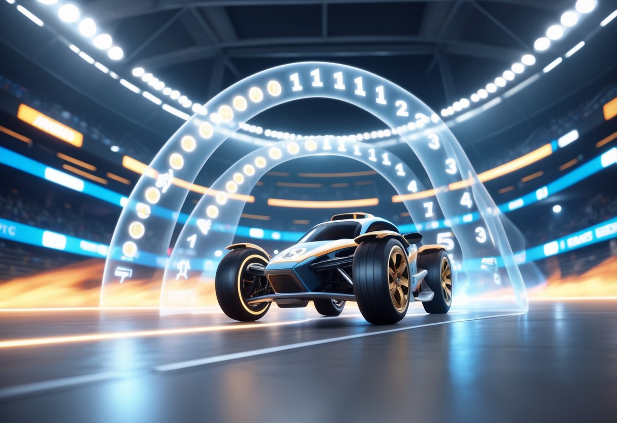 A Rocket League car flying in a stadium with holographic progress bars and glowing barriers representing skill progression and limits.