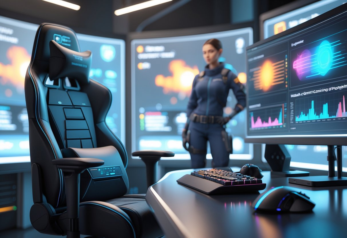 A futuristic gaming setup with an ergonomic chair, holographic screens showing gameplay data, and a digital Rainbow Six operator in the background.