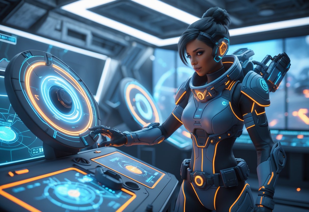 A futuristic character operating holographic ring control consoles in a high-tech command centre with glowing displays and tactical gear.