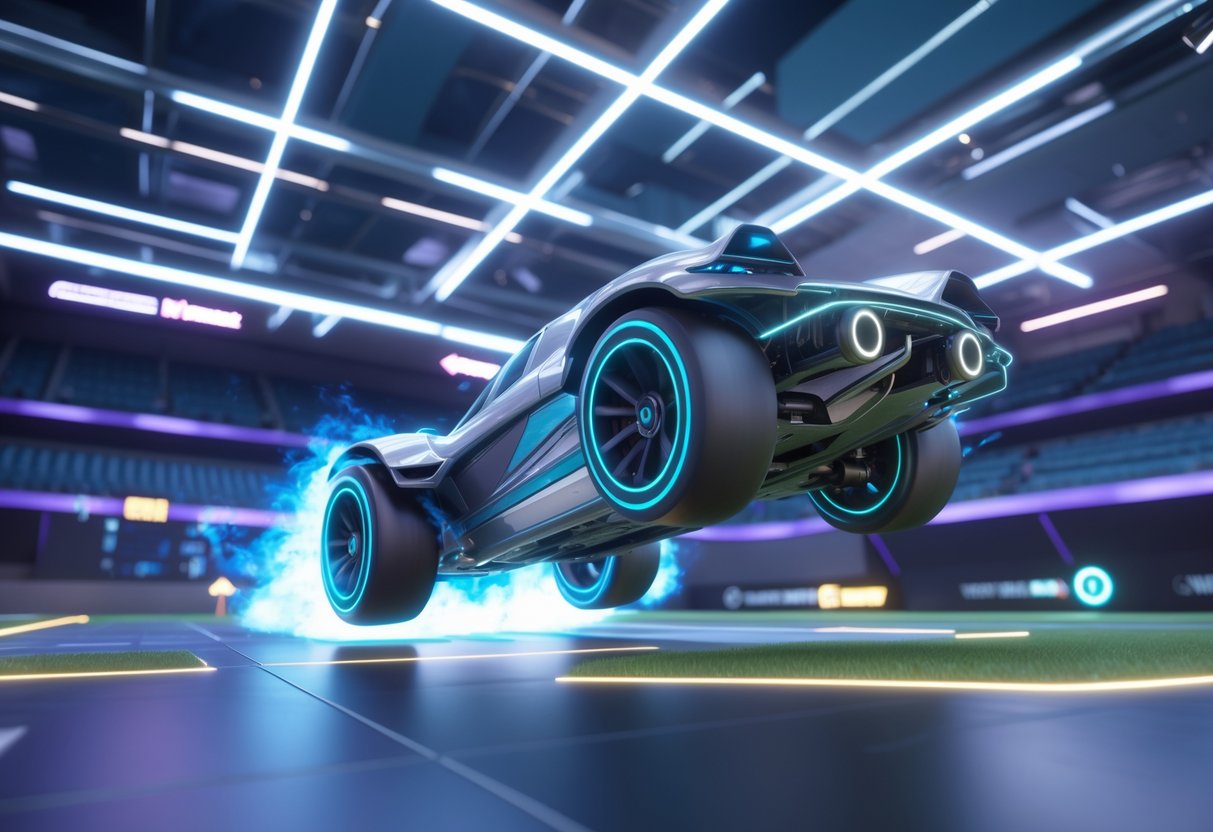 A rocket-powered car upside down on the ceiling of a futuristic indoor arena, showing a moment of struggle during a ceiling shot in Rocket League.