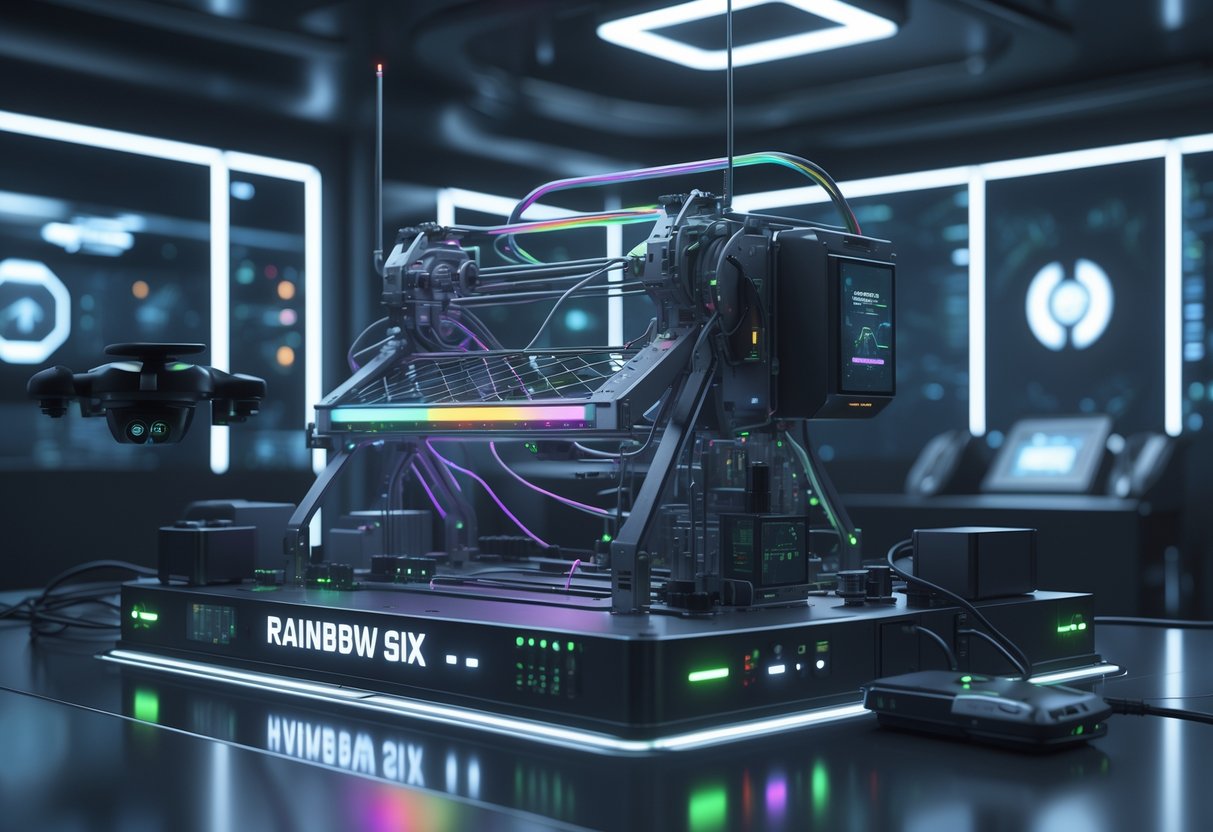 A futuristic security device combining a mechanical mousetrap with electronic gadgets and sensors in a modern tactical room.