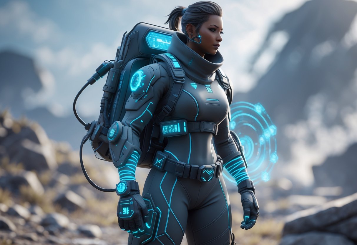A futuristic soldier equipped with medical and survival gear stands on a battlefield, ready to support and heal teammates.