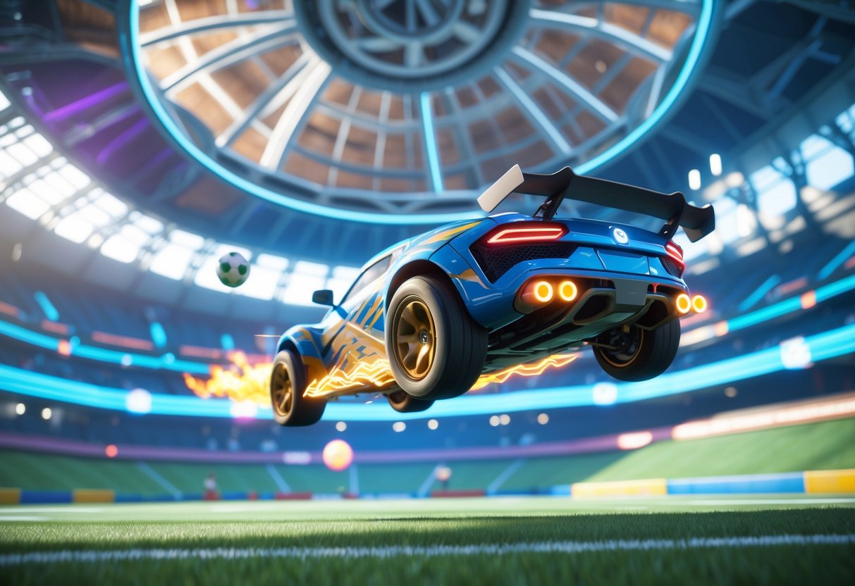 A Rocket League car driving upside down along the ceiling of a futuristic stadium, preparing to hit the ball during an intense aerial play.