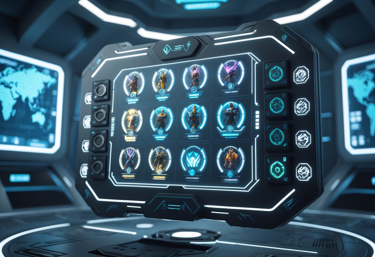 A futuristic holographic interface showing different character classes with their perks and an inventory of weapons and gear in a high-tech command centre.