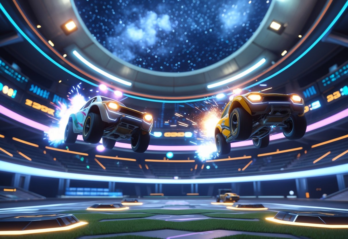 Two rocket-powered cars performing aerial moves on the ceiling inside a brightly lit futuristic indoor stadium.