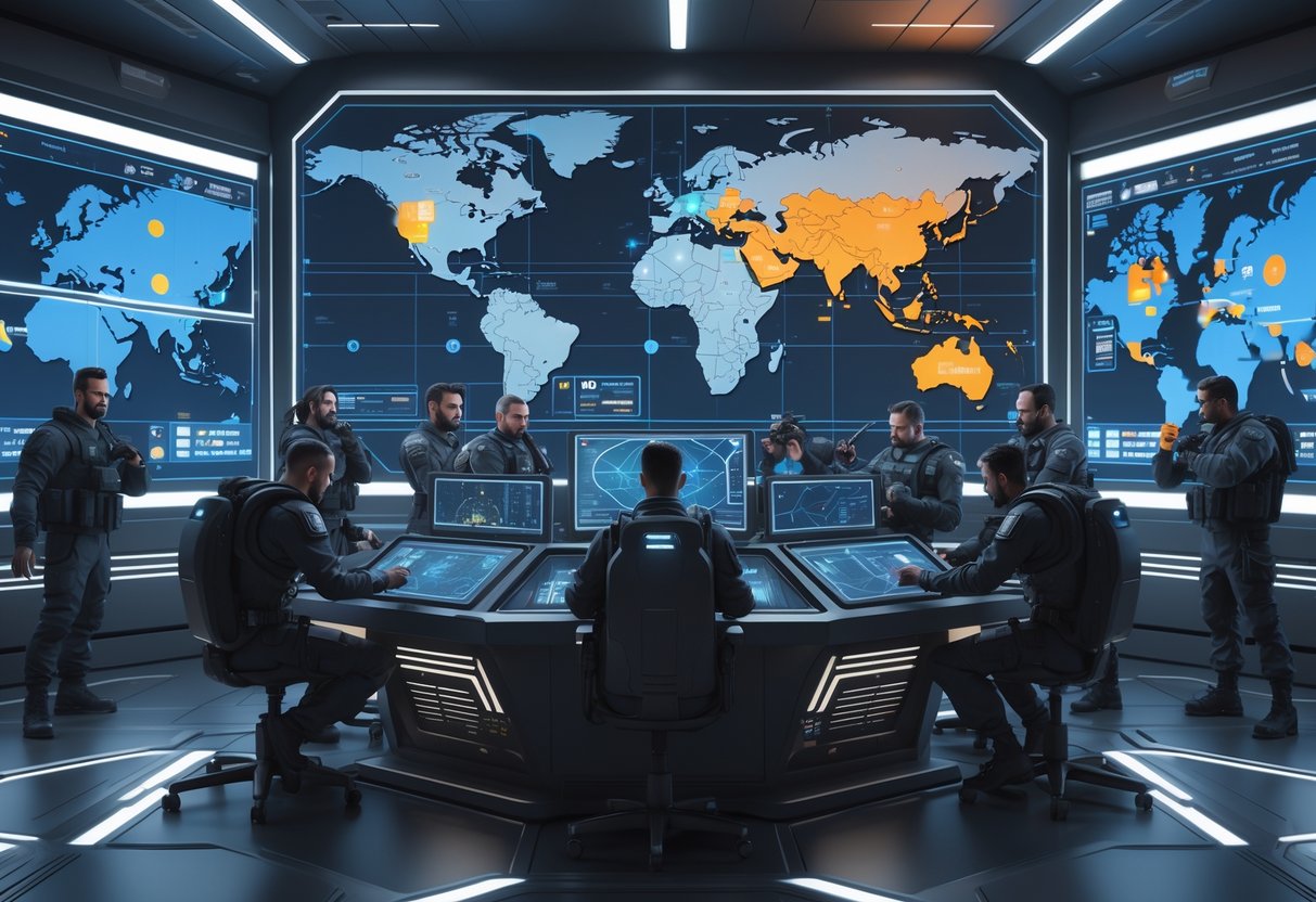 A futuristic control room with tactical operators using holographic screens to plan missions around a digital world map.
