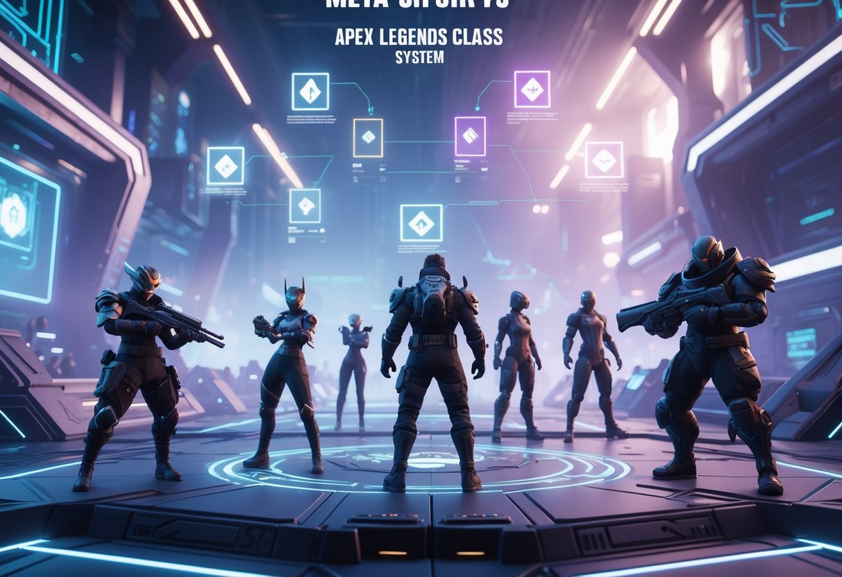 A futuristic battlefield with several armed characters in advanced armour positioned strategically, surrounded by a high-tech environment with glowing holographic symbols.