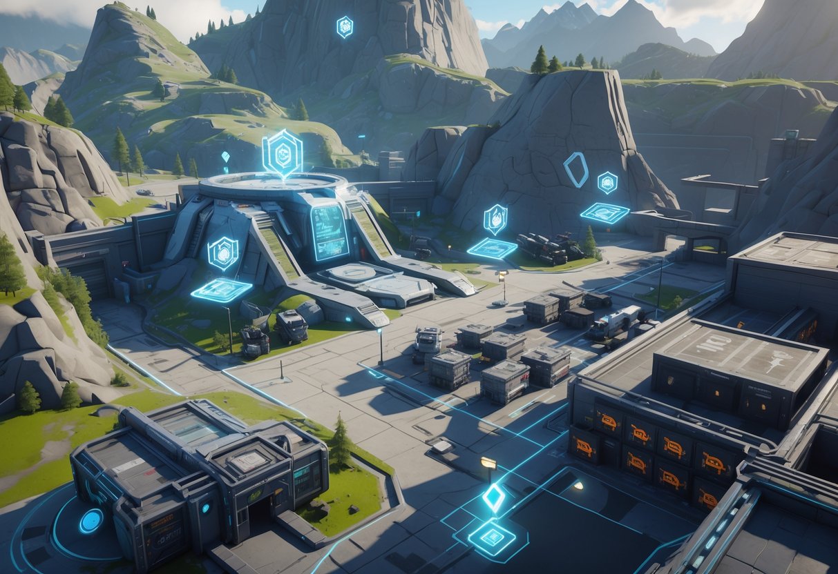 A 3D rendered map showing various distinct zones including a command centre, mountainous sniper nests, an industrial depot, and an urban district, connected by pathways and highlighted with subtle holographic icons representing different player classes.