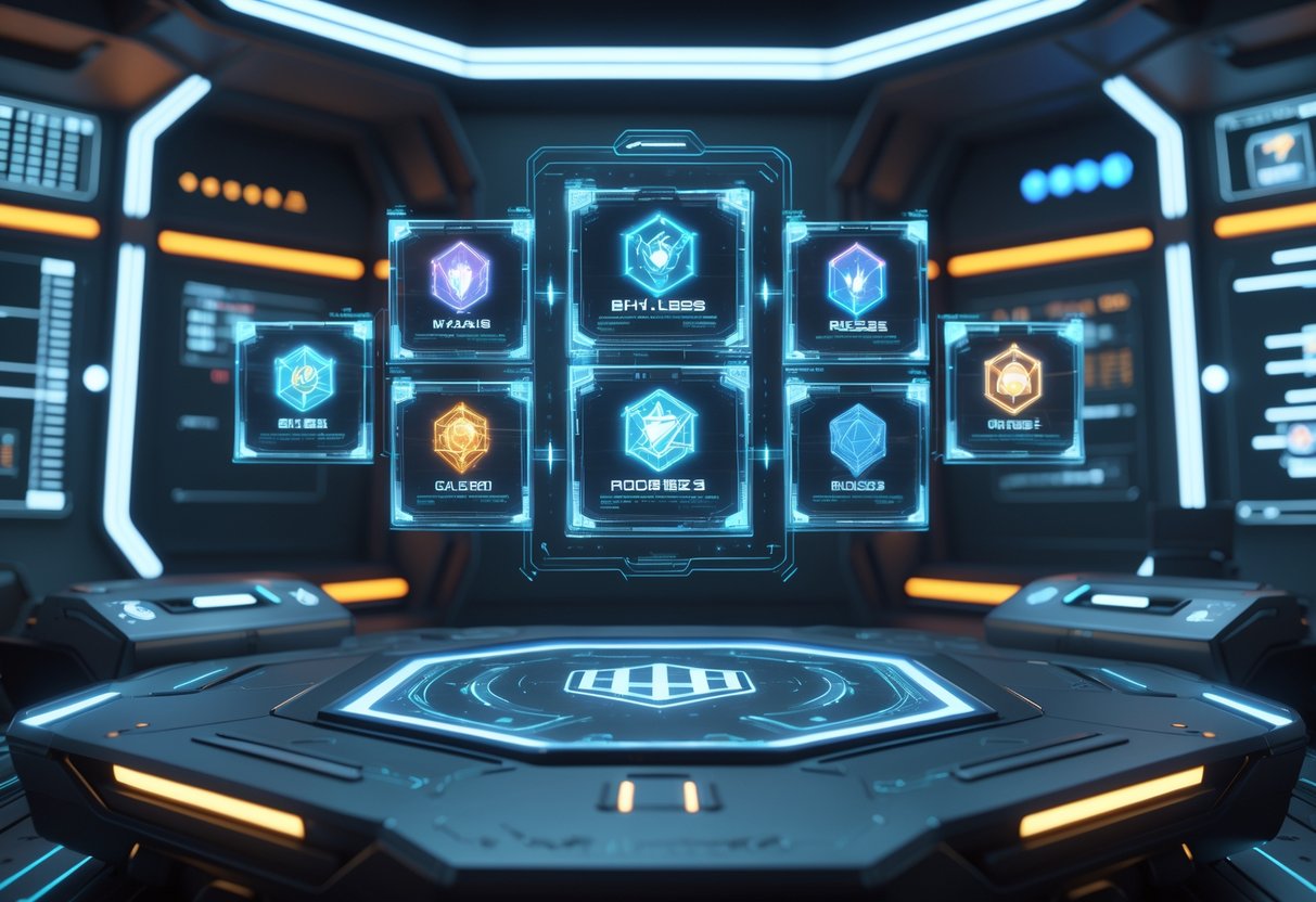 A futuristic control room with holographic displays showing different character classes from a video game.
