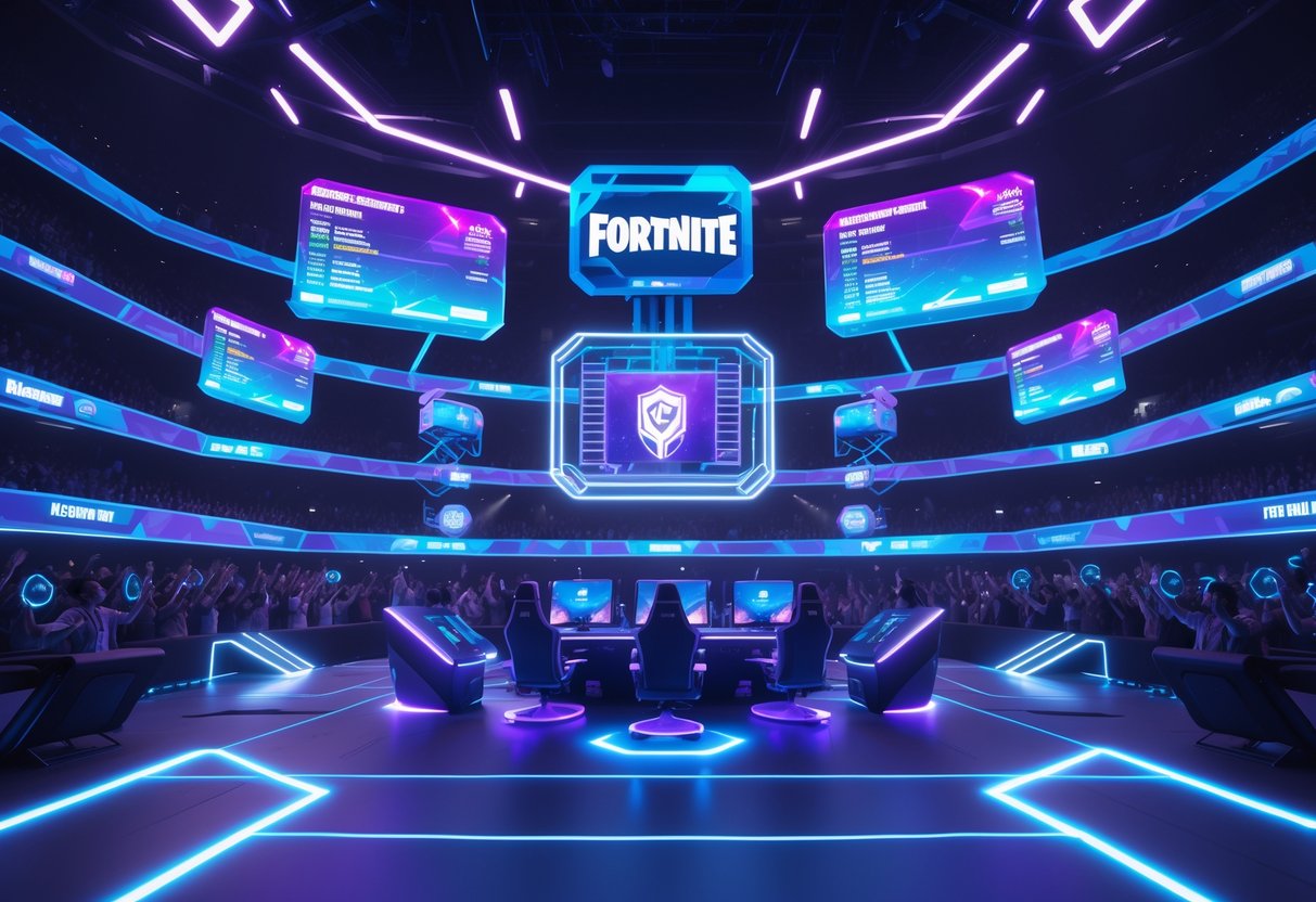 A futuristic esports arena with a high-tech stage and holographic displays showing tournament brackets and schedules, surrounded by a cheering virtual audience.