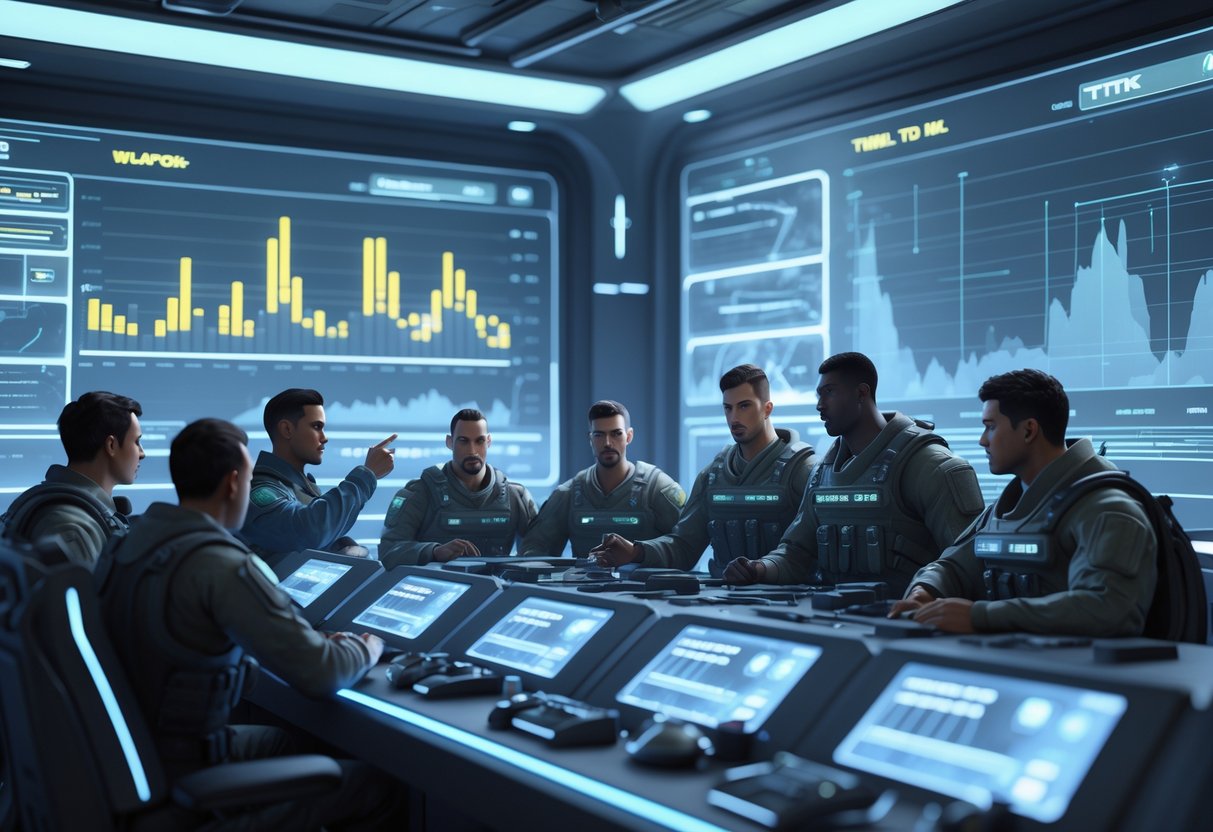 A group of soldiers and strategists gathered around holographic displays showing weapon statistics and game metrics in a futuristic command centre.