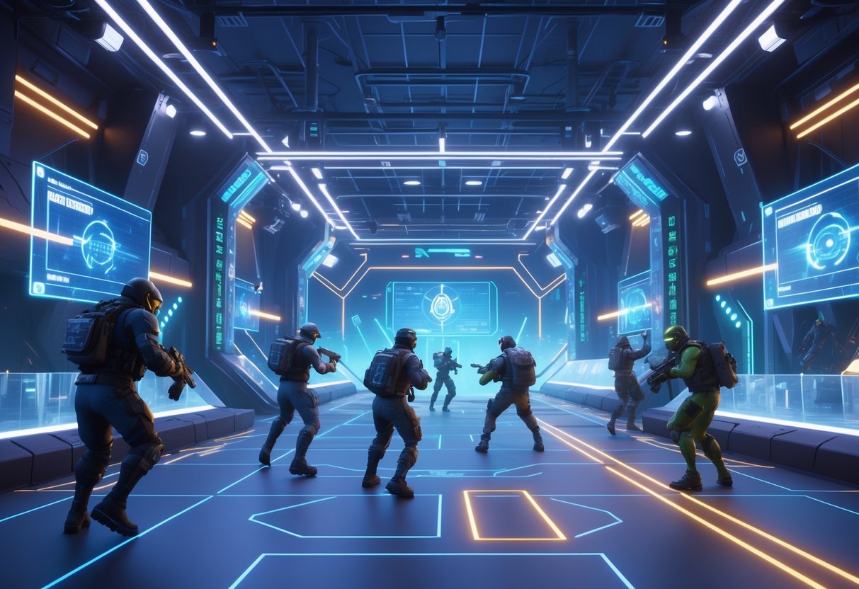 A futuristic gaming arena with players in combat gear moving strategically amid holographic displays and high-tech security systems.
