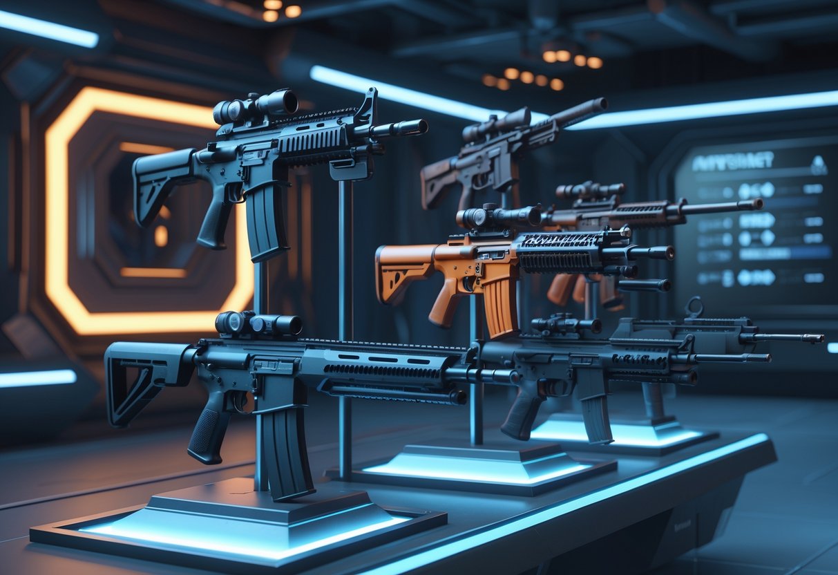 A 3D scene showing various types of guns displayed on stands in a futuristic armory room with blue and orange lighting.