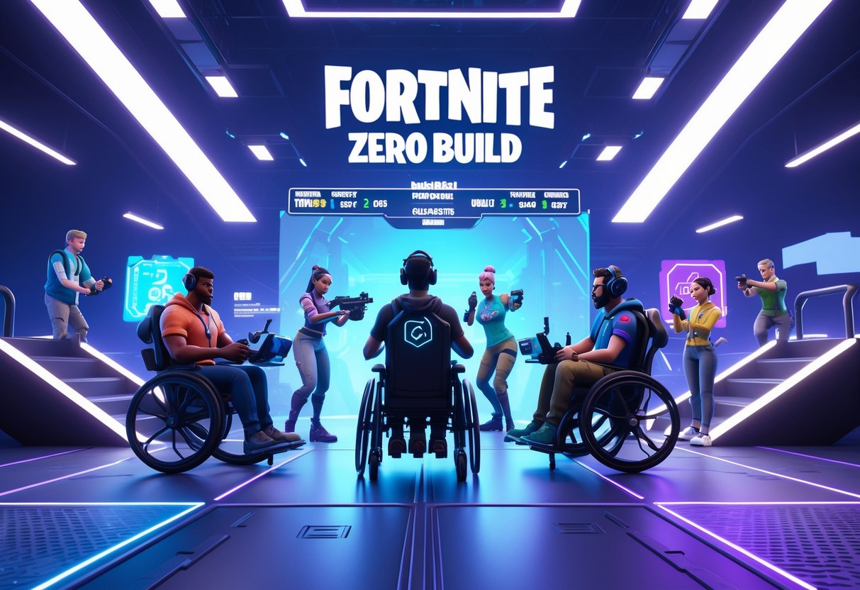 A group of diverse gamers playing a Fortnite Zero Build match in an accessible gaming arena with adaptive equipment and inclusive features.