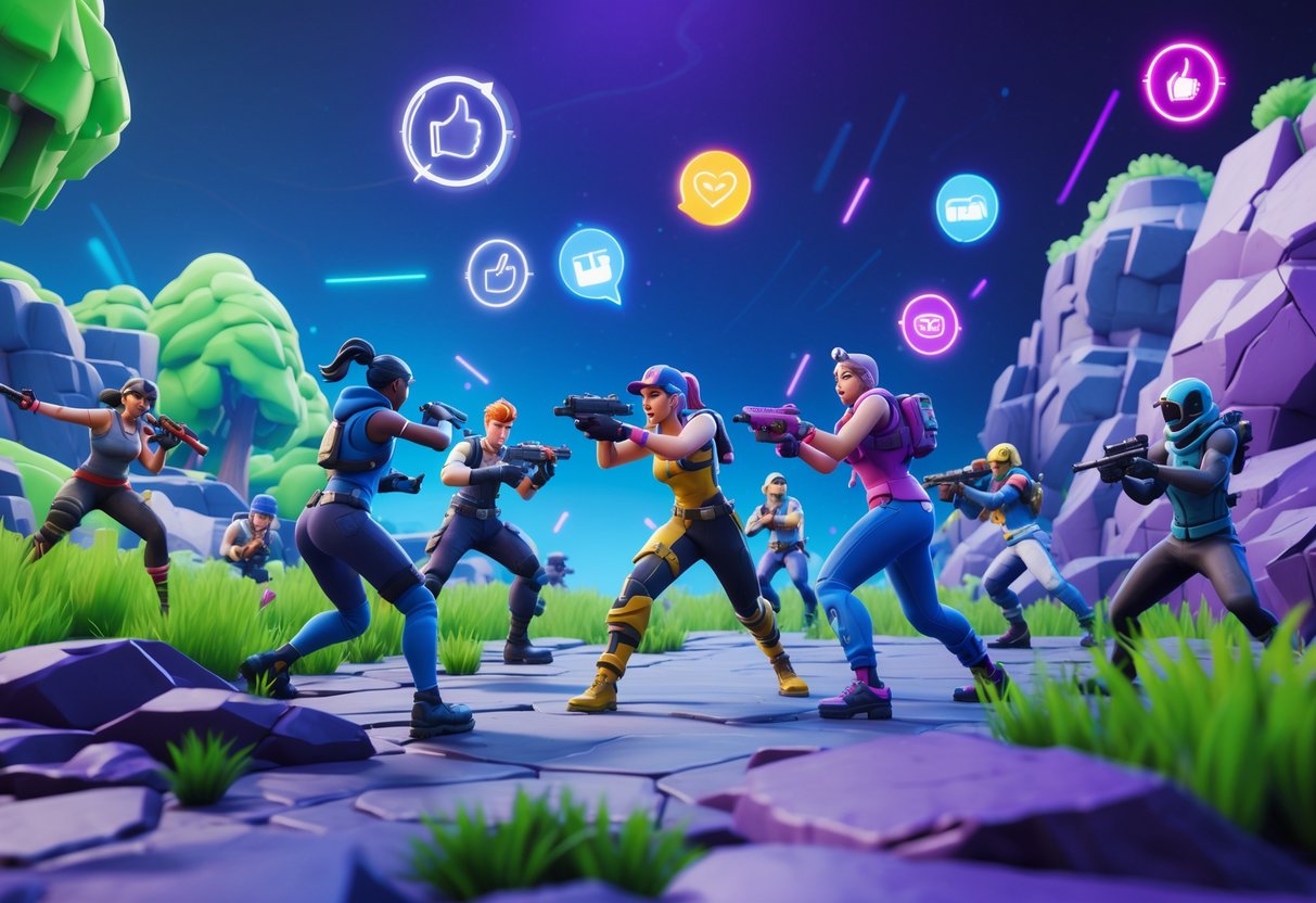 A group of diverse players engaged in an intense Fortnite Zero Build competitive match on a detailed battleground with futuristic weapons and glowing icons representing community reactions floating around them.