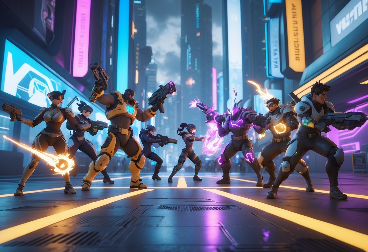 A scene showing two teams of six heroes each engaged in a battle in a futuristic cityscape with glowing abilities and weapons.
