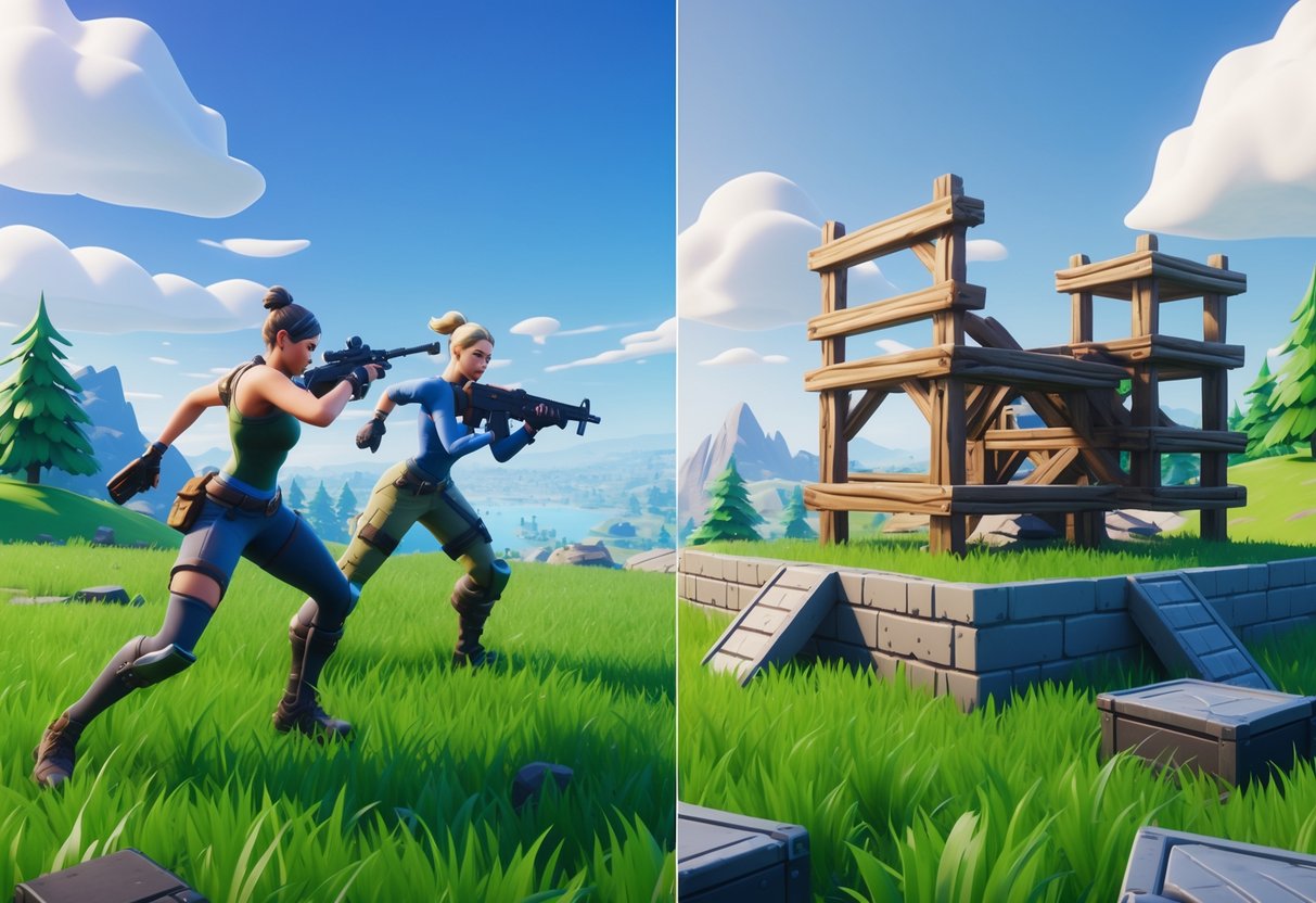 A split-screen scene showing two Fortnite characters in combat, one without building structures and one actively building ramps and walls in a colourful outdoor environment.
