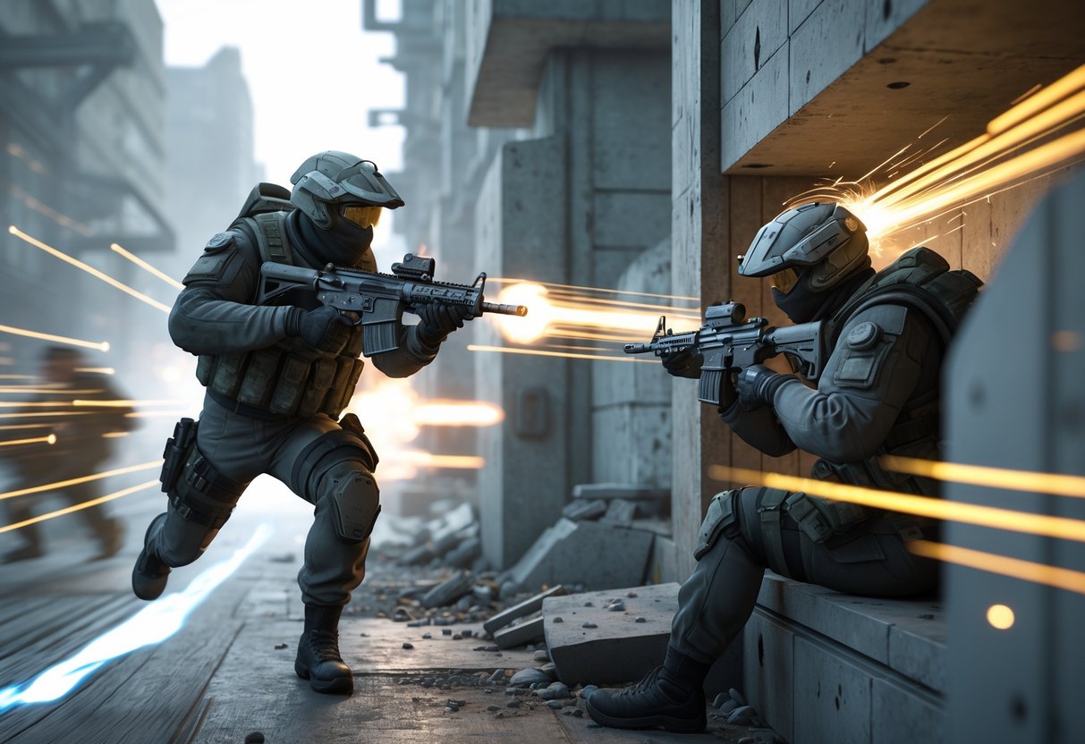 Two soldiers in combat gear firing weapons in an urban battlefield, one sprinting and the other taking cover behind a barrier.