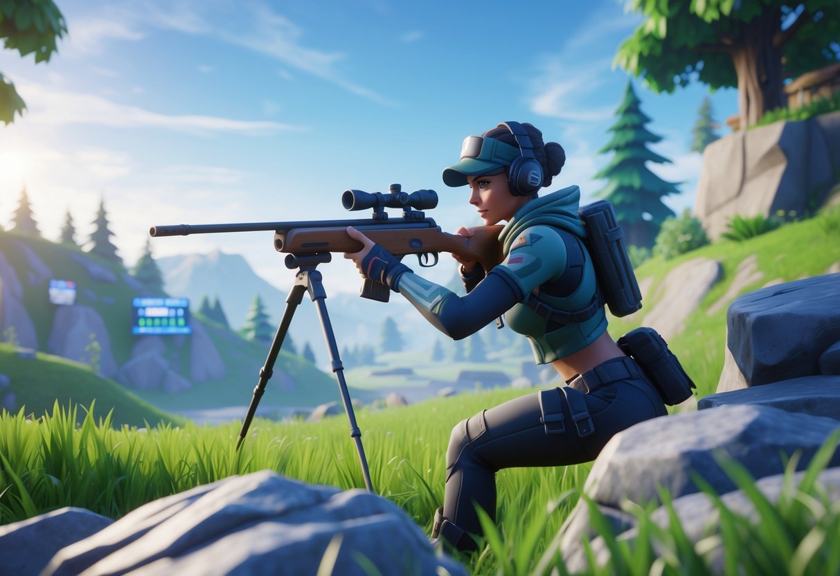 A Fortnite character aiming with a sniper rifle behind natural cover in a forested and hilly landscape during a competitive match.