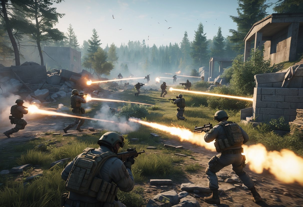 A battlefield scene with soldiers fighting in different environments showing varied combat speeds and effects.