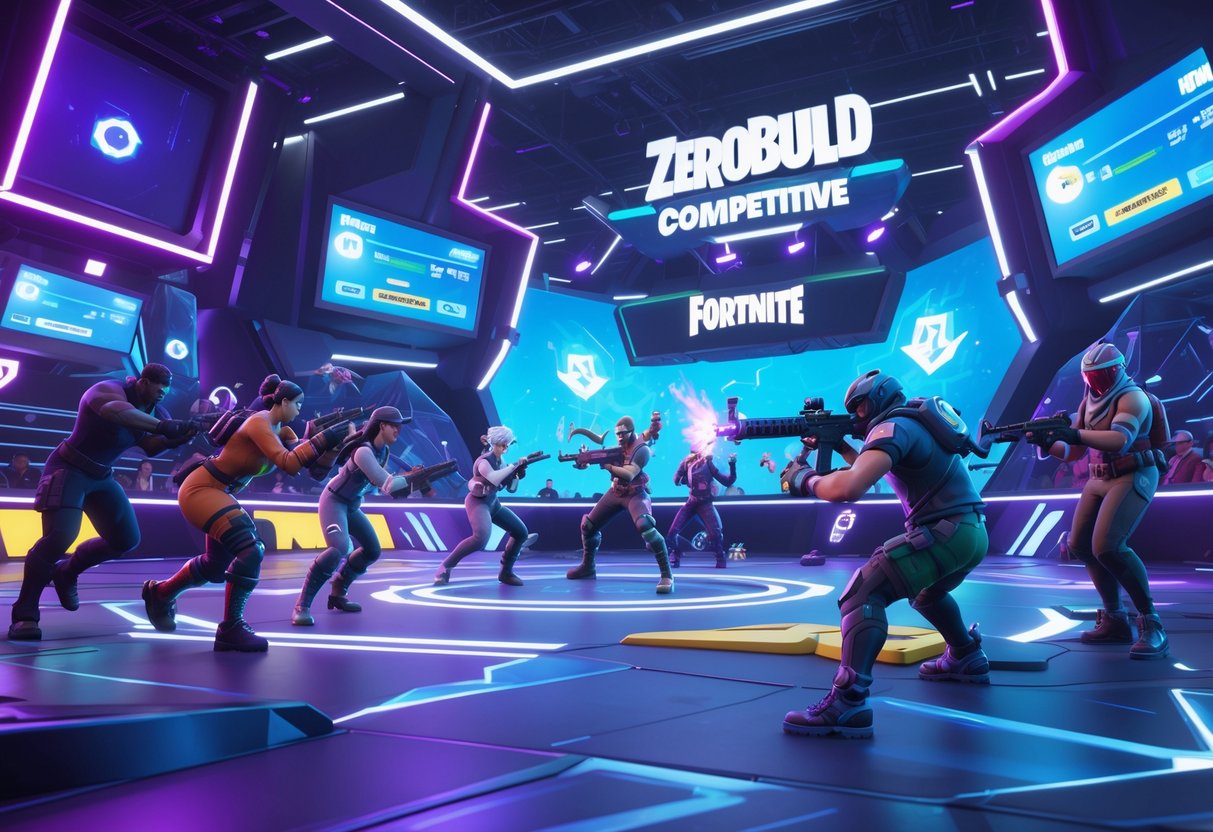 A futuristic Fortnite competitive arena with players fighting without building, surrounded by advanced technology and digital displays.