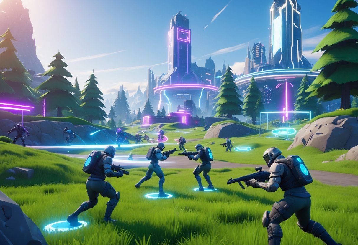 A 3D scene showing characters in a vibrant outdoor battleground with hills, trees, and rocky areas engaged in a competitive game without building structures.