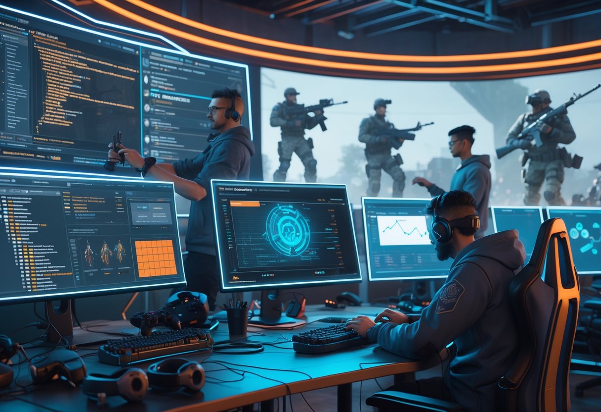 A group of developers working together in a high-tech studio with holographic screens showing game data and 3D models related to weapon performance and gameplay updates.