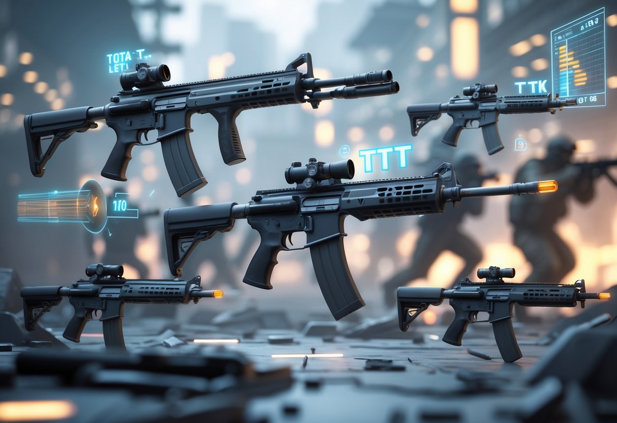 A 3D scene showing various modern weapons on a battlefield with digital timers and holographic charts illustrating changes in weapon speed and effectiveness.