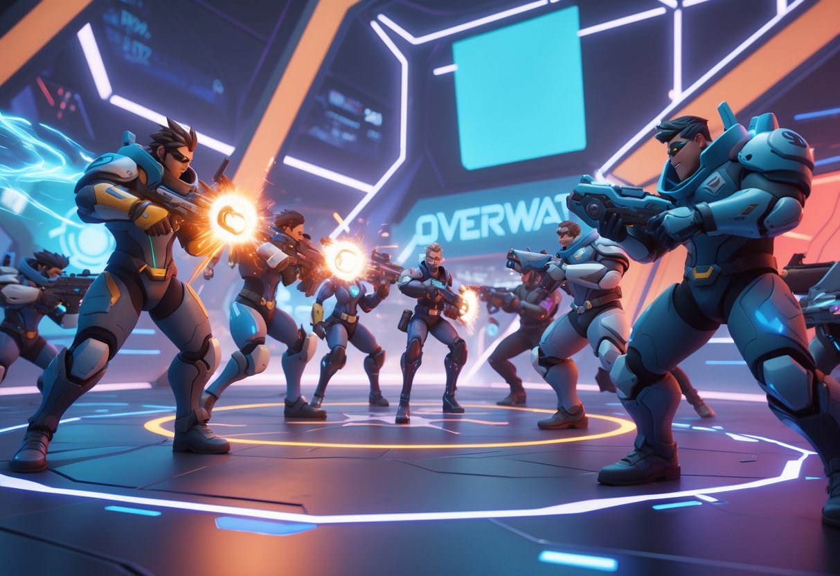 A 3D scene of two teams of six futuristic heroes battling in a vibrant, high-tech arena with energy effects and dynamic action poses.