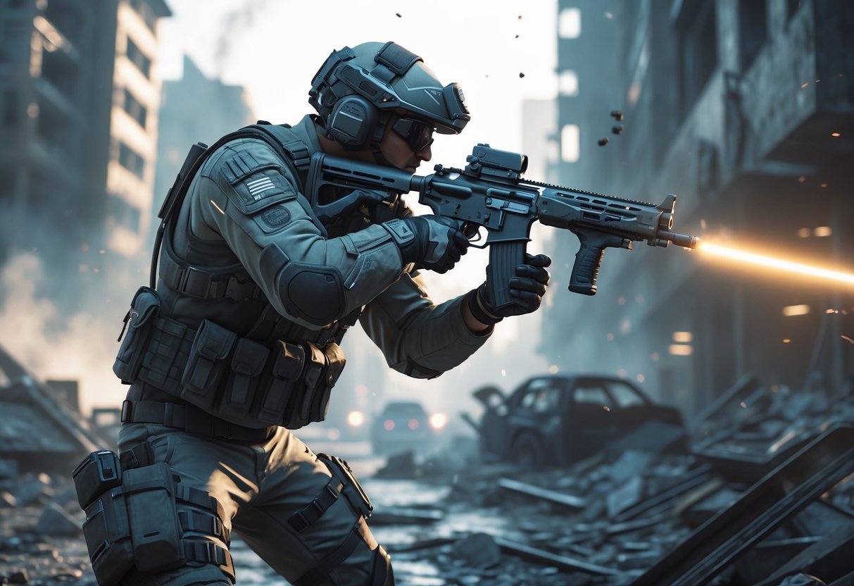 A soldier in tactical gear aiming a rifle in a damaged city environment with smoke and debris around.