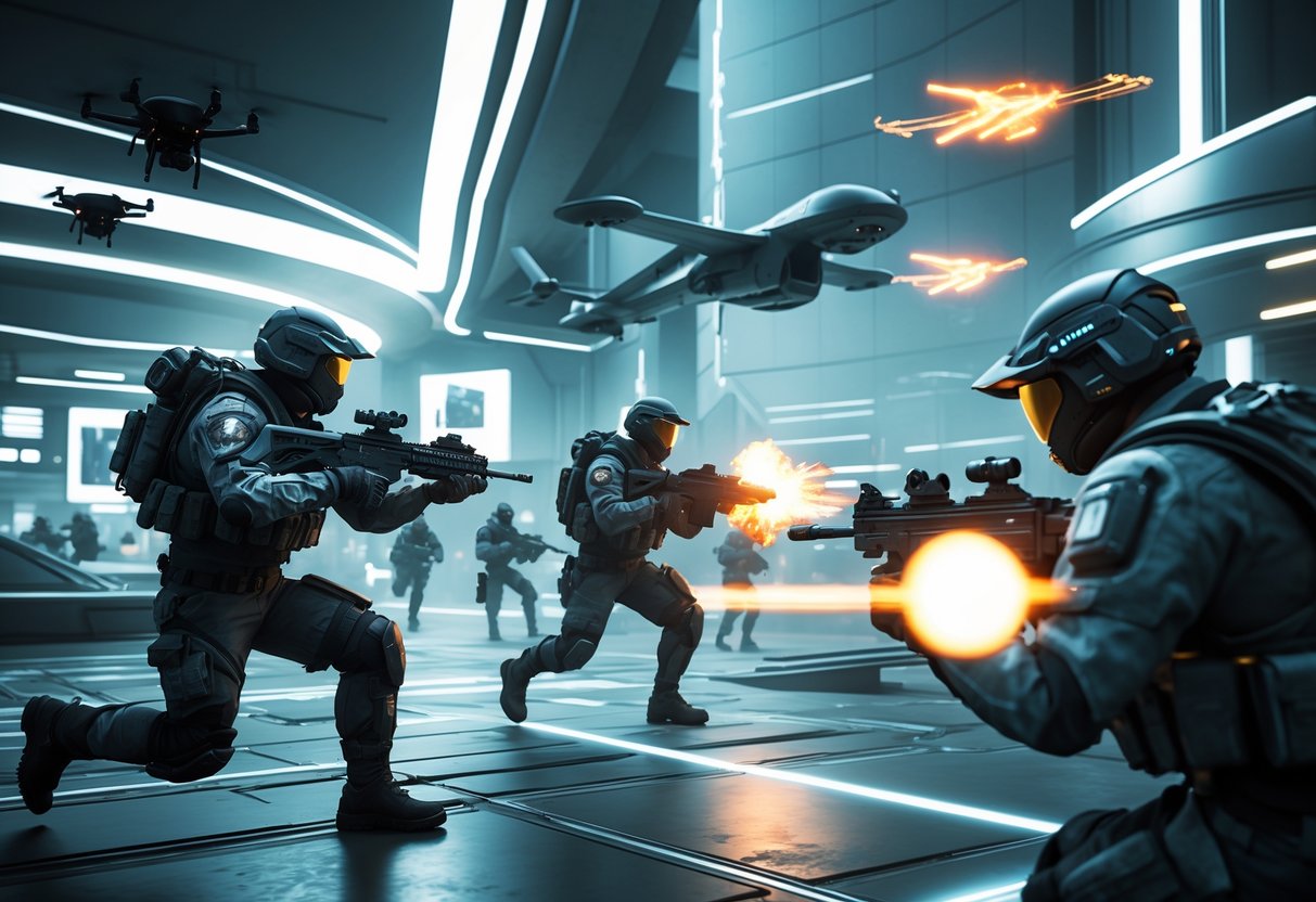A futuristic urban battlefield with soldiers in advanced armour fighting using high-tech weapons and drones flying overhead.