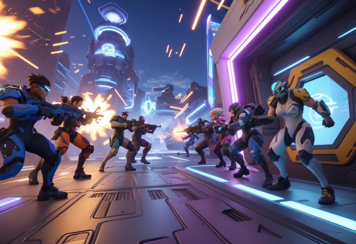 A detailed scene of two teams of Overwatch 2 heroes battling in a futuristic city, one team with five players and the other with six, engaged in fast-paced combat.