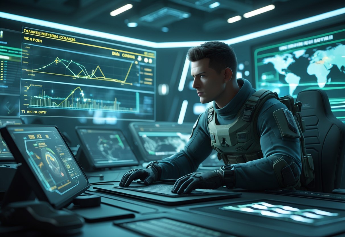 A soldier in tactical gear studies floating holographic charts and graphs in a futuristic military command centre filled with advanced technology and digital displays.