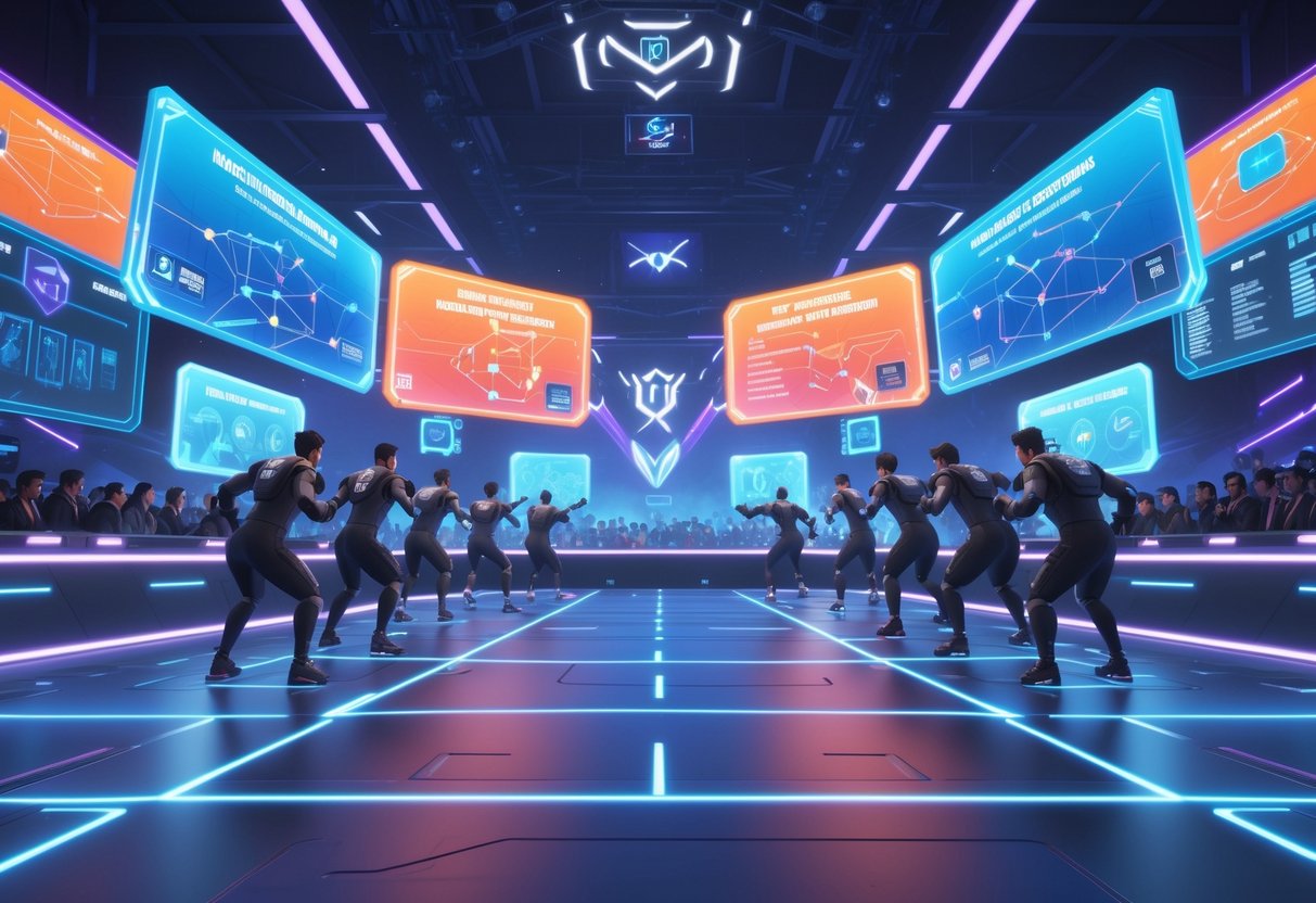 A futuristic esports arena with two teams of six players facing each other, surrounded by holographic displays and a virtual crowd watching a competitive game debate.