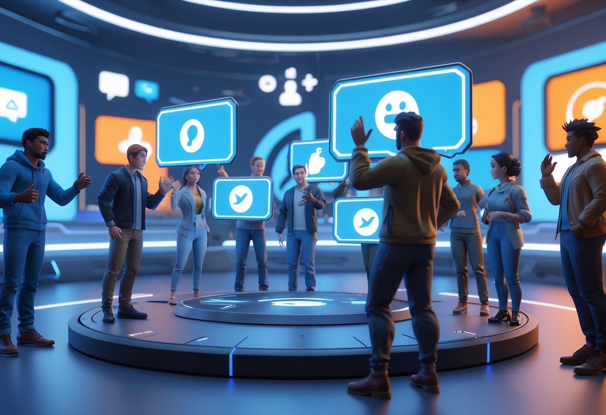 A group of diverse avatars gathered around floating holographic screens showing various reaction icons and symbols in a bright digital space representing online community discussion.
