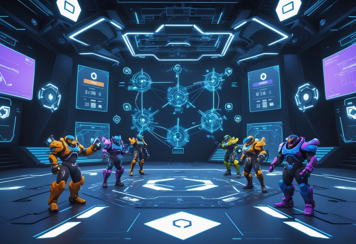 A futuristic esports arena showing two teams of six characters each on a complex map with holographic data panels and glowing graphs representing technical and balance challenges.