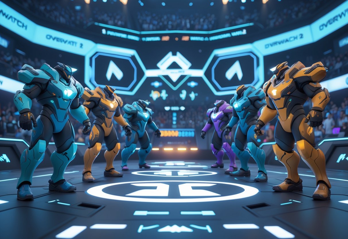 Two teams of six futuristic characters face each other in a high-tech esports arena, preparing for a competitive match with glowing digital effects and a crowd in the background.