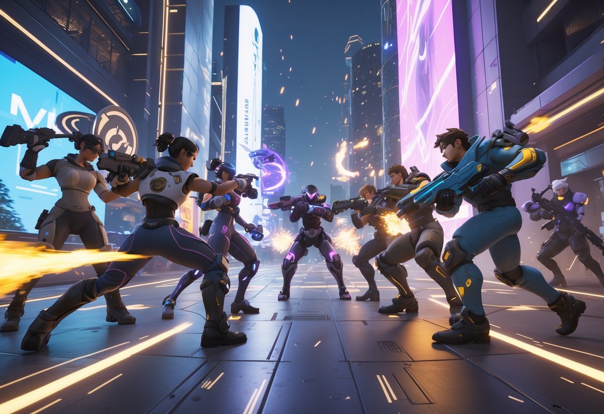 A 3D scene showing two teams of six heroes each engaged in a battle on a futuristic city map, with characters using various abilities and weapons.