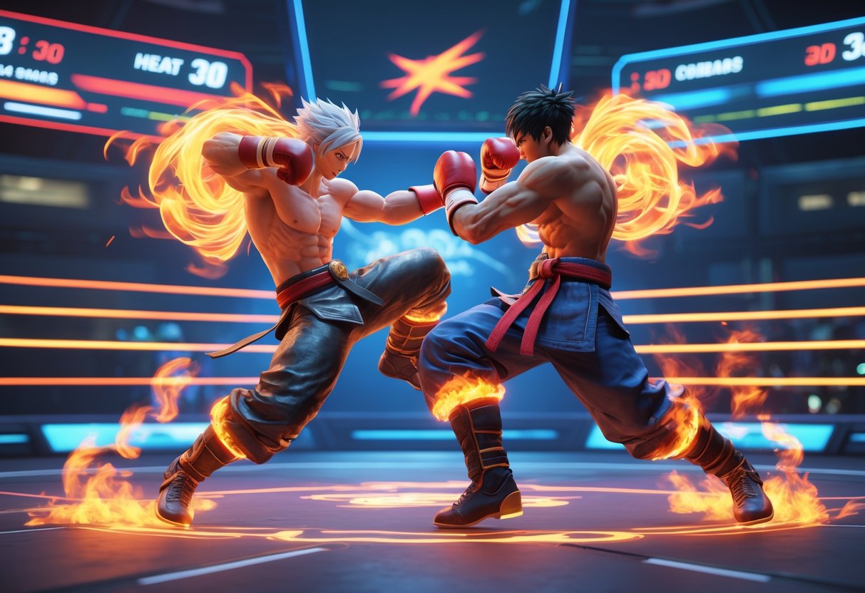 Two fighters engaged in a fast-paced battle with fiery energy effects around them in a futuristic arena.